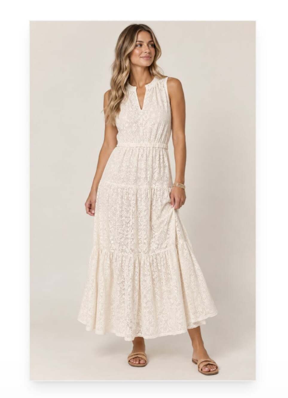 Gerard Darel Dress Womens S White Eyelet Lace Sleeveless Tiered Maxi Sundress